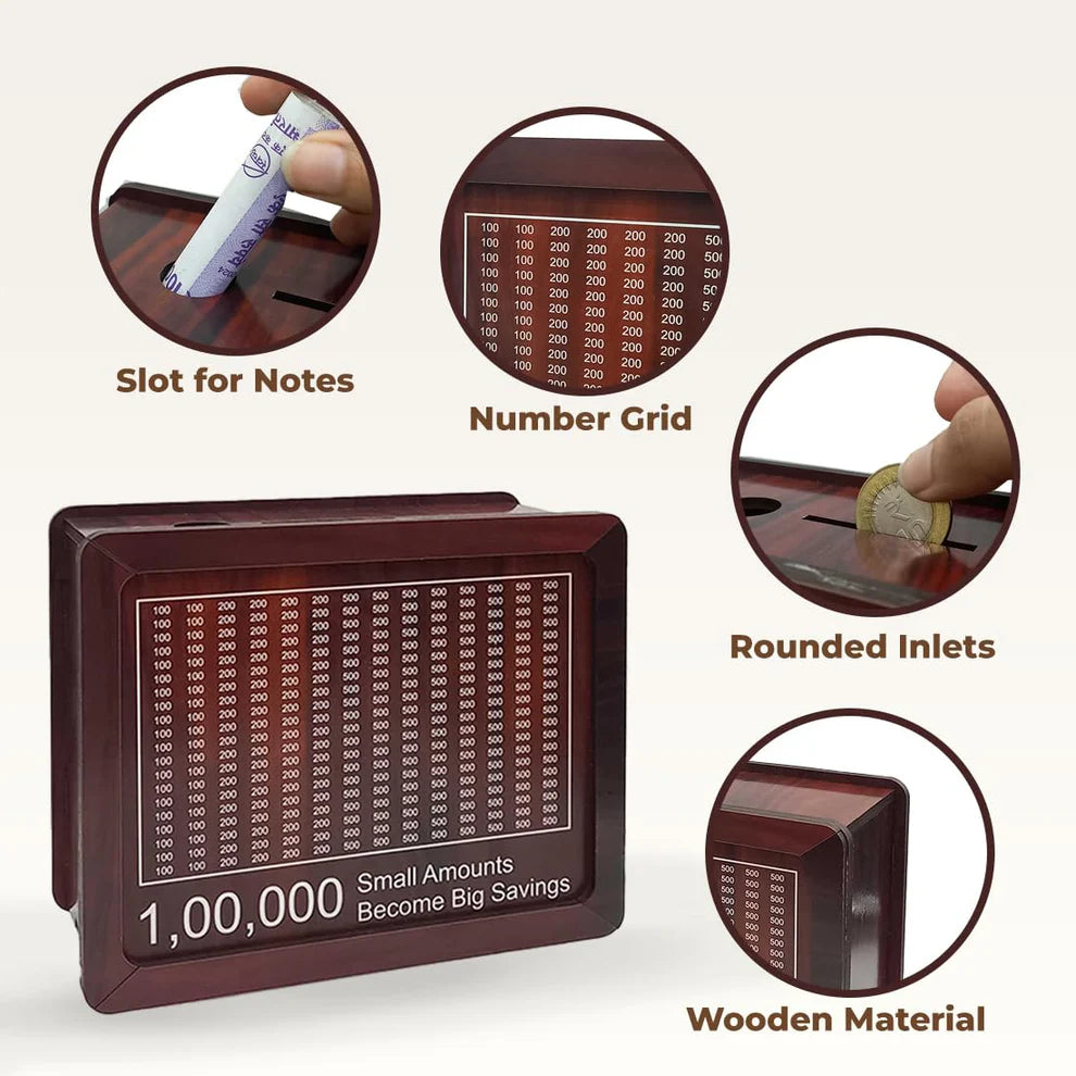 Wooden Money-Saving Box with Goal Tracker Premium Quality (Up to ₹1,00,000)