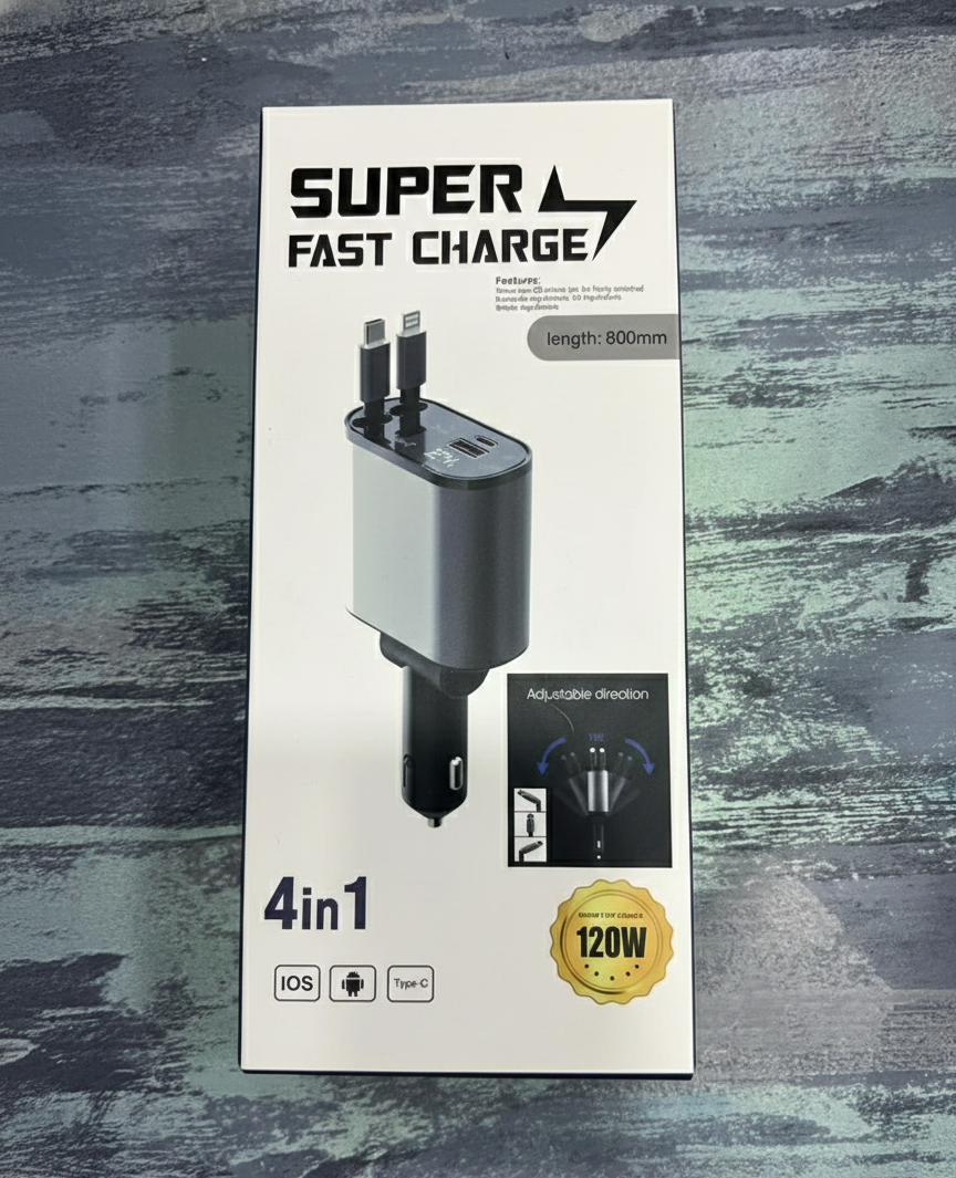120W 4‑in‑1 Retractable Car Charger | Type‑C, Lightning, USB‑A, PD