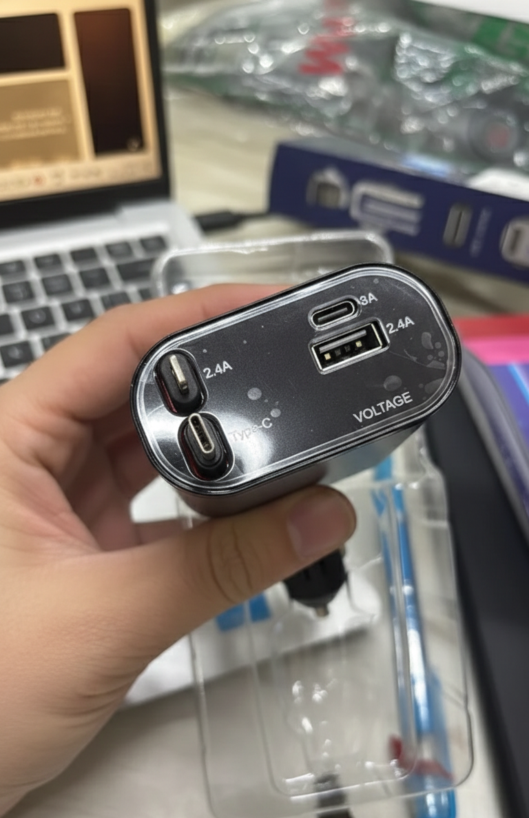 120W 4‑in‑1 Retractable Car Charger | Type‑C, Lightning, USB‑A, PD