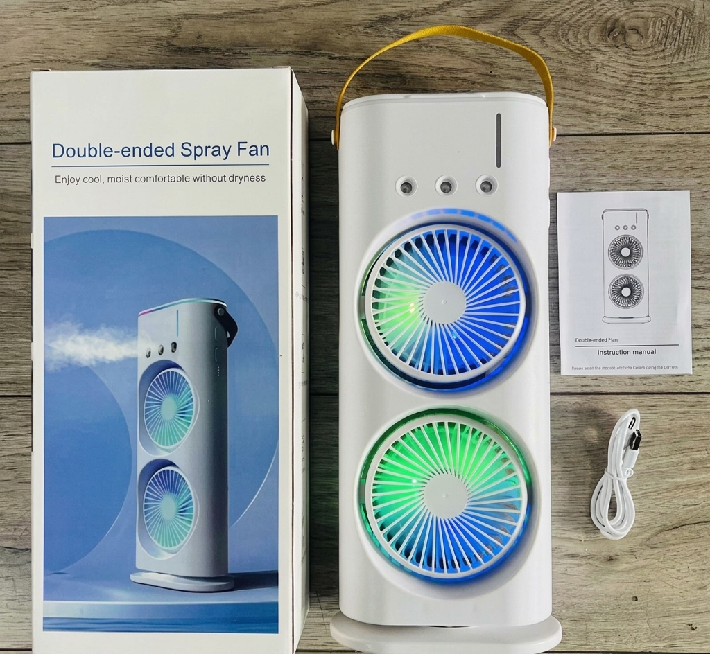 Double-Ended Spray Cooling Fan with LED Lights & Portable Design