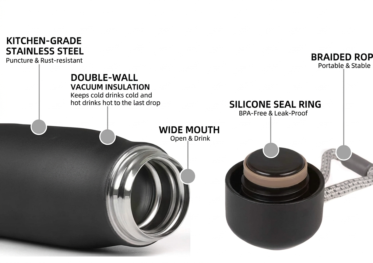 Stainless Steel Vacuum Insulated Water Bottle with Leak-Proof Cap & Carry Strap (Hot & Cold)