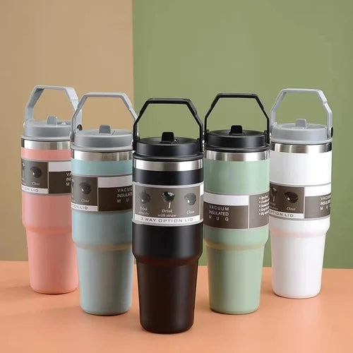 900ml Stainless Steel Vacuum Insulated Tumbler with Straw & 3-Way Lid | Leak-Proof Travel Mug