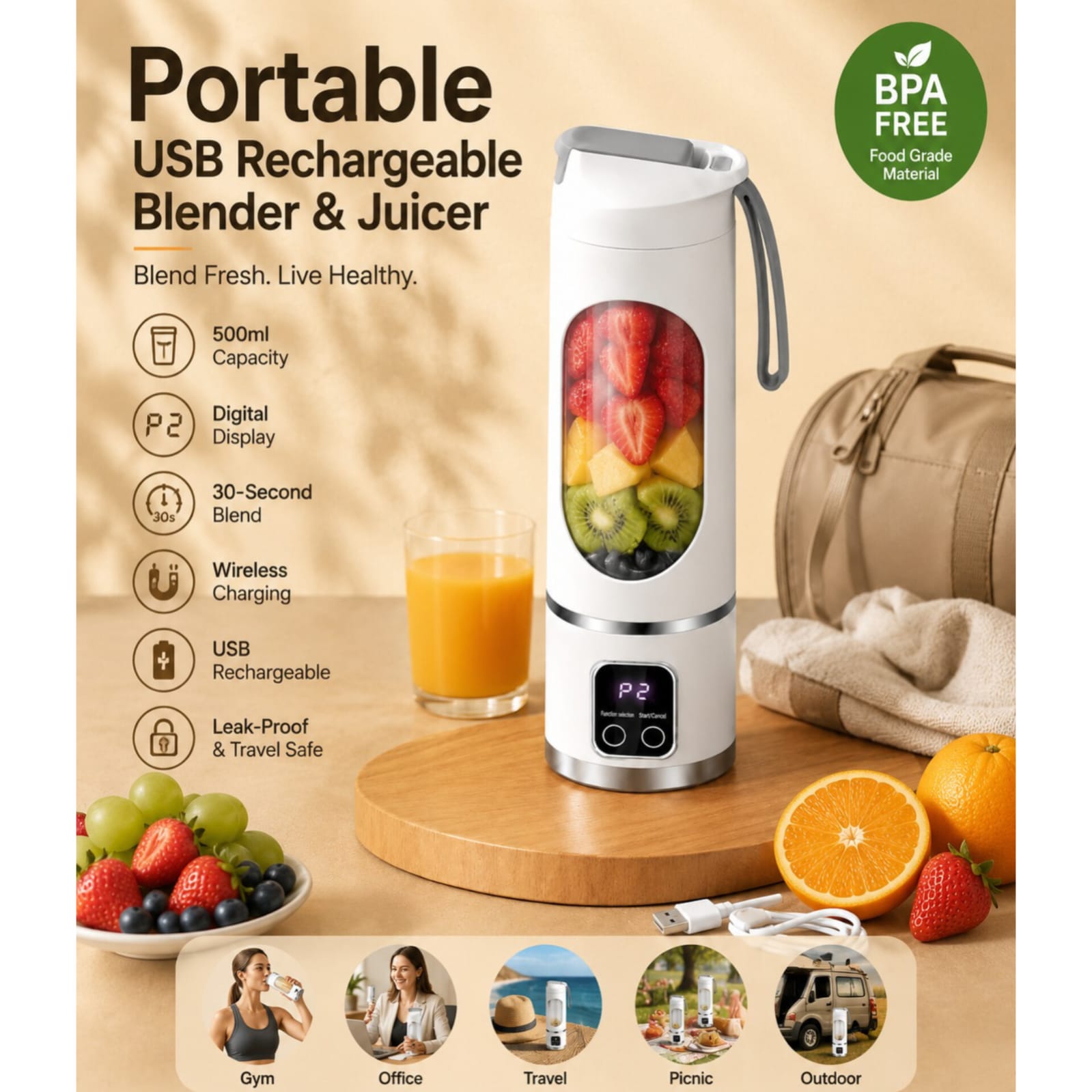 Portable USB Rechargeable Blender & Juicer 500ml | Digital Display | 30-Second Blend | Wireless Charging